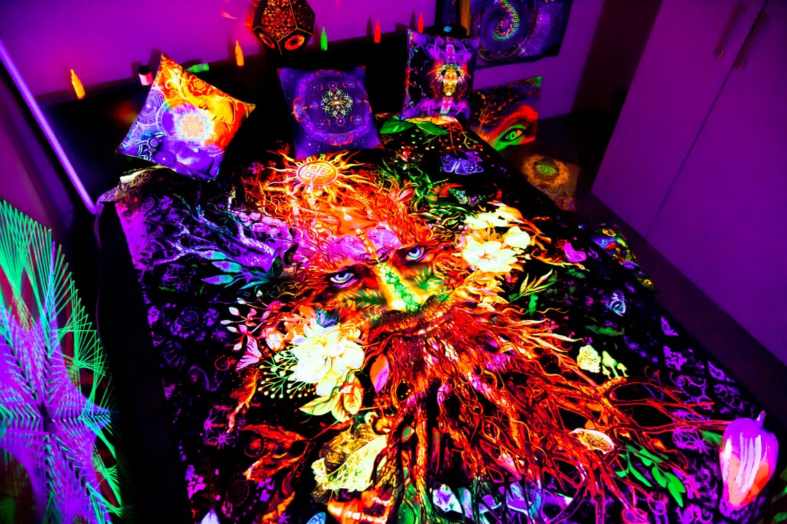 Neon Bedding Trippy Bedroom Decor Bohemian Blanket UV Etsy