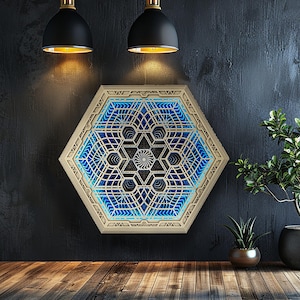 Psychedelic Bohemian Mandala Lamp, Hexagon Lamp, Wooden Led Lamp, Mandala Wall Deco, Meditation Wall Hanging, Spiritual Wall Art, Yoga Deco