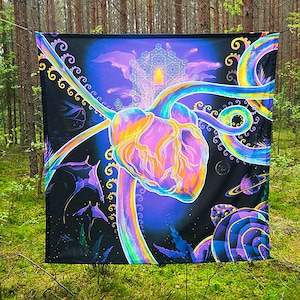 Psychedelic Painting Art Visionary UV Fluorescent Glow Psytrip Psyart Backdrop Banner Trippy Visionary Tapestry Acid Tripvision Fluoro