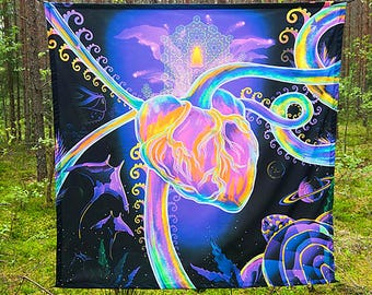 May include: A psychedelic tapestry featuring a glowing heart surrounded by swirling vines and geometric patterns. The background is a dark blue with stars and a galaxy-like design.
