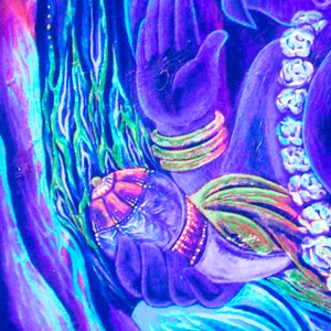 May include: A close-up of a painting depicting a deity with a purple robe and a crown. The deity is holding a small figure in their hand. The painting is done in a vibrant blue and purple color scheme.