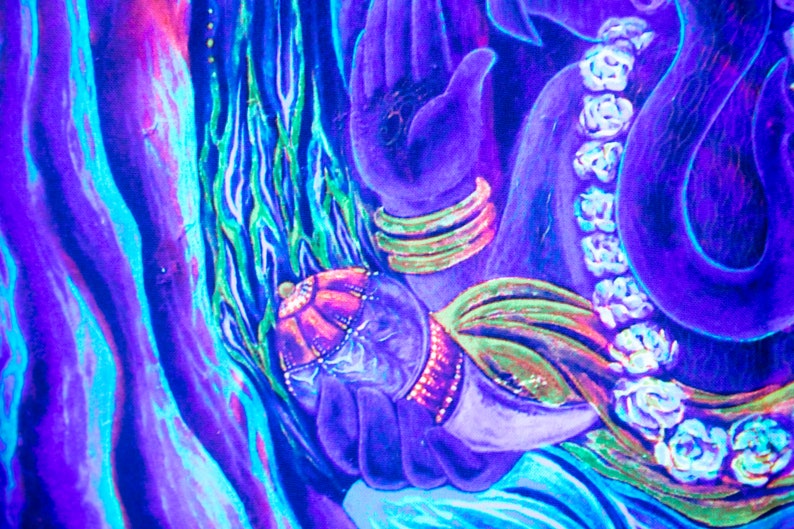 May include: A close-up of a painting depicting a deity with a purple robe and a crown. The deity is holding a small figure in their hand. The painting is done in a vibrant blue and purple color scheme.