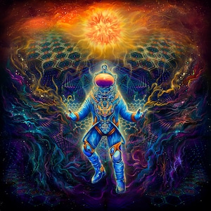 Trippy Backdrop, Astronaut Space Psychedelic Tapestry Poster Art, UV Spiritual Painting, Goatrance Wall Hanging, Psytrance Cosmic Deco