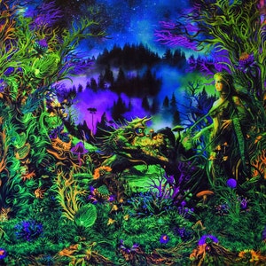 Trippy Wall Art, Blacklight Tapestry, UV Reactive Fractal Psytrance Backdrop, Festival Mushroom Wall Hanging, Neon Ultraviolet Decoration