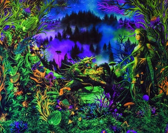 Arte de pared psicodélico, tapiz de luz negra, fondo fractal de psytrance reactivo a los rayos UV, colgante de pared con forma de hongo para festival, decoración ultravioleta de neón