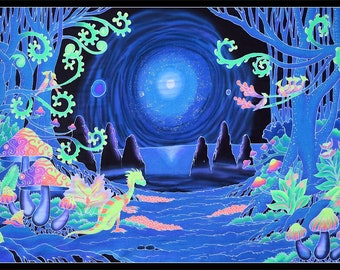 Psychedelic Backdrop Mushroom Tapestry Trippy Wall Art UV Decorations Boho Room Decor Neon Art Poster Blacklight Banner Psytrance