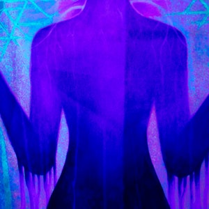 May include: A silhouette of a person with arms outstretched, rendered in shades of blue and purple against a background of blue and purple geometric shapes.