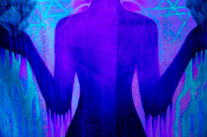 May include: A silhouette of a person with arms outstretched, rendered in shades of blue and purple against a background of blue and purple geometric shapes.