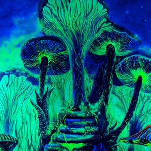 May include: A psychedelic painting of a glowing green and blue forest with large mushrooms and a stone staircase. The background is a dark blue with white stars.