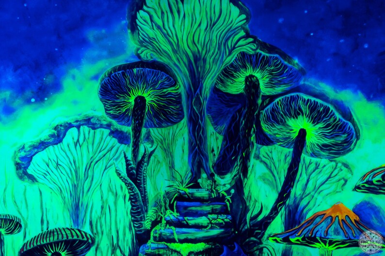 May include: A psychedelic painting of a glowing green and blue forest with large mushrooms and a stone staircase. The background is a dark blue with white stars.