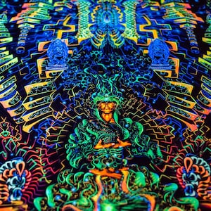 Psychedelic Backdrop, Spiritual Painting, Blacklight UV Active Tapestry, Fluorescent Trippy Banner, Visionary Ultraviolet  Neon Poster