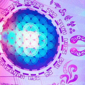 May include: A colorful, abstract design with a circular pattern and a flower-like shape in the center. The design is in shades of blue, pink, and white, and is surrounded by a ring of text.