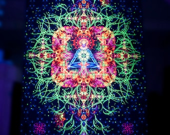 Festival Tapestry Reincarnation Vertical Yoga Trippy Backdrop UV Active Sacred Bohemian Wall Decor Spiritual Meditation Visionary Fractal