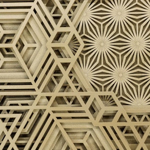 May include: Abstract geometric pattern with overlapping hexagonal and star shapes in a light brown color.