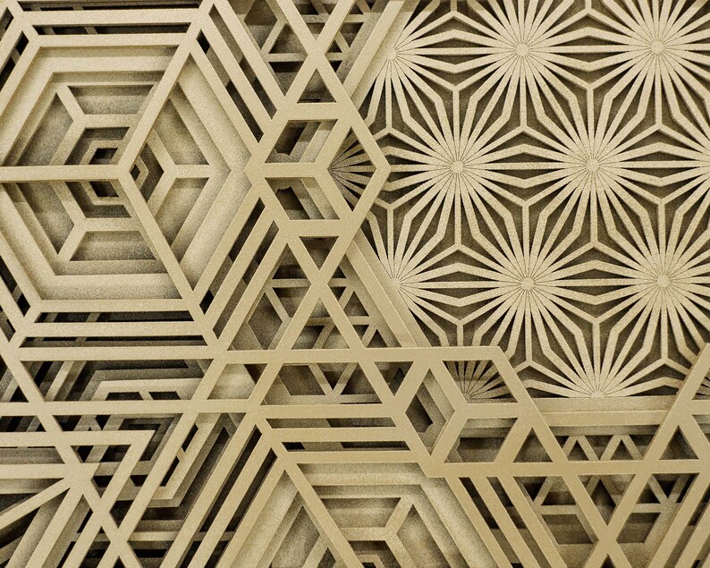 May include: Abstract geometric pattern with overlapping hexagonal and star shapes in a light brown color.