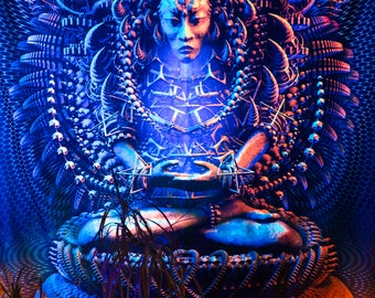 May include: A blue and silver sculpture of a figure sitting in a meditative pose. The figure is surrounded by intricate details and appears to be made of metal. The sculpture is illuminated by blue light.