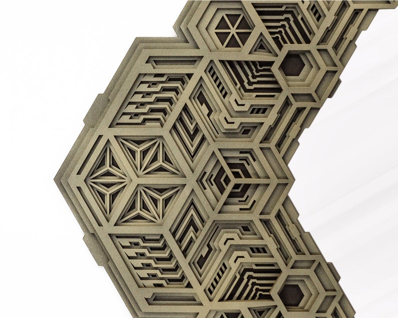 May include: A close-up of a brown, intricate, laser-cut design with geometric shapes and patterns. The design is made of multiple layers of wood, creating a three-dimensional effect.