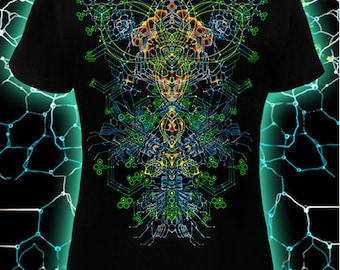Blacklight Active Black Women T-shirt, UV Reactive Clothing, Psychedelic Style, Trippy Gift, Silkscreen Print, Glow in The Dark and Neon