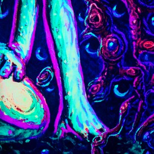 May include: Abstract painting with a vibrant color palette of pink, blue, and green. The painting features a swirling, organic pattern with a focus on a pair of legs.
