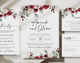 May include: Wedding invitation suite with a floral design featuring burgundy and blush pink flowers. The invitation includes details for the ceremony and reception, as well as an RSVP card.
