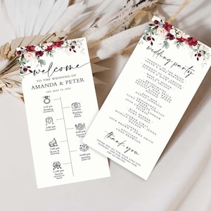 May include: Wedding welcome sign with a floral design and a timeline of events for Amanda and Peter's wedding on May 15, 2023. The sign also includes a wedding party list with names of the bridal party.