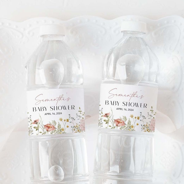 Wildflower Water Bottle Label, Baby Shower Water Bottle Template, Boho Editable Floral Label, Bottle Wrap, Templett  #PWFL