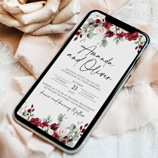 Burgundy Online Invitation, Elegant Floral Wedding Invitation, Wedding Evite Digital Text Message, Instant Download, DIY, #BUR