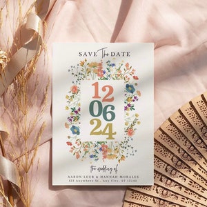 Modèle d'invitation réservez une date de fleurs sauvages, carte réservez une date pour mariage, invitation florale, cottage floral, modèle CANVA modifiable WFL