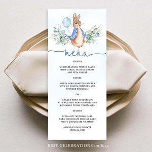 Szablon menu na przyjęcie z okazji narodzin Piotrusia Królika, szablon karty menu, menu na baby shower, menu urodzinowe, Templett EDYTOWALNA karta menu