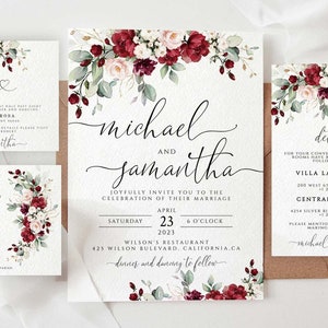 Burgundy Wedding Invitation Set, Editable Burgundy Rose Wedding , Wedding Invitation Template, Floral Invitation, Rustic Wedding BUR image 1