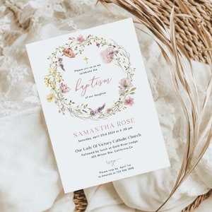 Modèle d'invitation de baptême, faire-part de baptême imprimable, baptême de fleurs sauvages, faire-part modifiable de baptême, PWFL