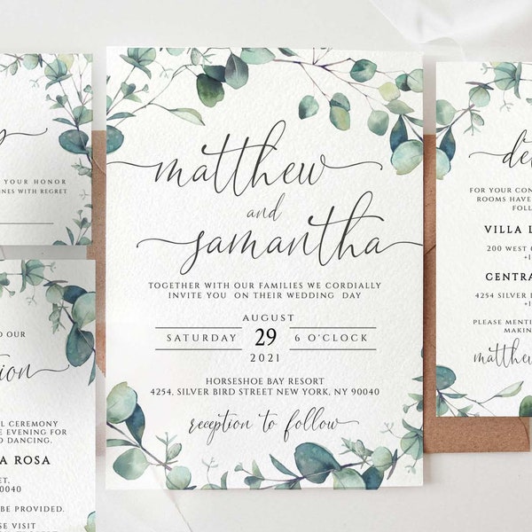 LYRA - Wedding Invitation Template, Boho Wedding Greenery Template, Wedding Invitation, Eucalyptus Templett Invitation , Faux Gold Invite