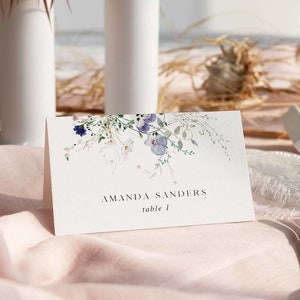 Plantilla de tarjeta de lugar para boda con flores silvestres, tarjetas planas y de carpa para boda, tarjetas de ubicación para fiesta en el jardín de 2x3.5, tarjetas de nombre editables en CANVA PNY