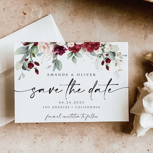 Uitnodigingssjabloon voor Save the Date, bordeauxrode bloemen Save the Date-kaart, bruiloft Save the Date tekstuitnodiging, Save the Date #BUR