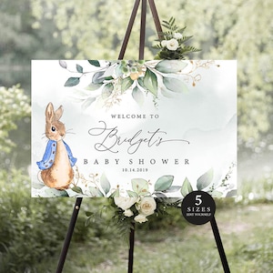 Festa di Peter Rabbit, cartello di benvenuto di Peter Rabbit, decorazioni per baby shower di Peter Rabbit, materiale stampabile per baby shower, modello modificabile, Templett #PR