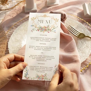 Plantilla de tarjeta de menú de boda con rosas francesas, elegante tarjeta para la mesa de la cena, marco victoriano vintage, tema de Bridgerton