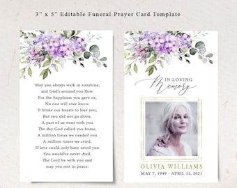 Lilac Editable Funeral Prayer Card Template, Printable Memorial Prayer Card Template, Funeral Prayer Card Catholic Card,Obituary Card  #FNRL