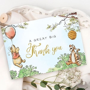 Carte de remerciement classique Winnie l'ourson, baby shower Winnie l'ourson, anniversaire de Winnie l'ourson, remerciement pour baby shower classique Winnie l'ourson, Templett, #RWP