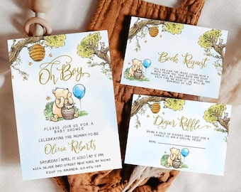 Winnie the Pooh Baby Shower Invitation,  Oh Boy WinnieThe Pooh Invitation Bundle, Diaper Raffle, Book Request, Thank You Card, #BWP