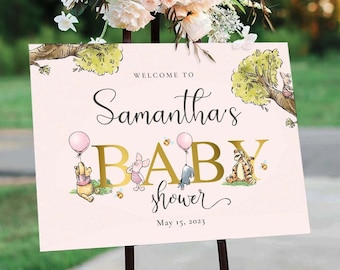 Winnie The Pooh Baby Shower Welcome Sign: Pink Balloons (Digital File Templett)