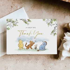 Classic Winnie The Pooh Thank You Card, Tent and Flat Thank You, Winnie Pooh Birthday, Classic Pooh Baby Shower Thank You, Templett, CWG image 1