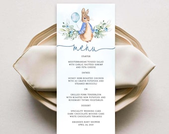 Peter Rabbit  Menu Template, Menu card template, Baby Shower Menu, Birthday Menu, Templett EDITABLE Menu card