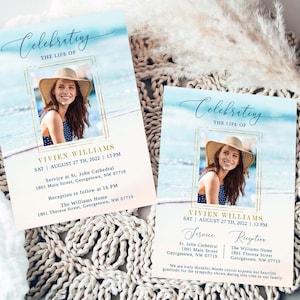 Faire-part pour funérailles - Célébration de la vie pour les funérailles de la mer 5 x 7 | Modèle pour funérailles de plage | Modèle commémoratif | Carte funéraire | Templett #FNRL