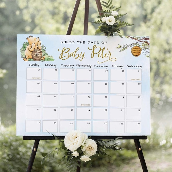 Winnie The Pooh Baby-Fälligkeitskalender-Spiel, Babyparty-Spiel, Erraten Sie das Geburtsdatum Ihres Babys, editierbare Baby-Vorhersage, Fälligkeitstermin-Spiel, #BWP