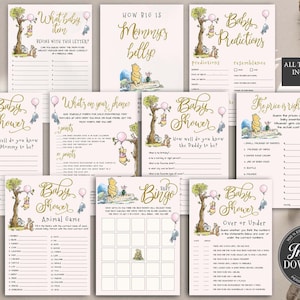 Pink Winnie The Pooh Baby Shower Game Bundle, Classic Winnie the Pooh Baby Shower Games, Winnie the Pooh Baby Shower Editable Template, #PWP