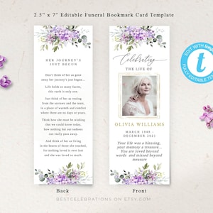 Plantilla de marcapáginas de funeral editable en color lila, marcapáginas de celebración de la vida, tarjetas de recuerdo para funerales, tarjeta conmemorativa para el recuerdo #FNRL