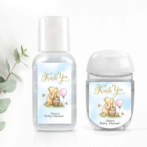 Etiqueta de desinfectante de manos editable de Winnie The Pooh, rosa, Share Love Stop Germs, obsequio de ducha Covid, plantilla editable, descarga instantánea #PWP