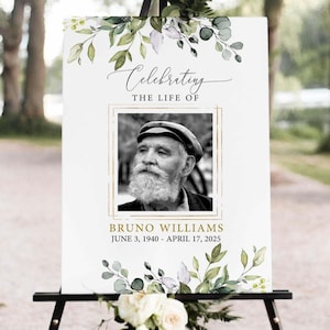 Eucalyptus Funeral Memorial Sign with Photo: Celebration of Life Template (CANVA)