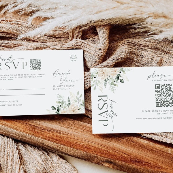 QR Code Wedding Rsvp Cards, Boho Online Reply Card Template, Floral Sage Green Rsvp, 100% Editable Text, Diy, Digital Download #SGreen