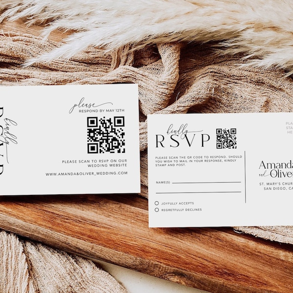 QR Code Wedding Rsvp Cards, Online Reply Card Template, Modern Minimalist, 100% Editable Text, Diy, Digital Download #MM2